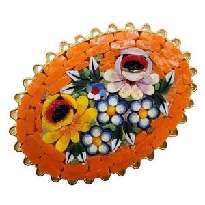 Vintage Italian Mosaic Floral Brooch Orange Glass Tile Mid Century Gold Tone Pin